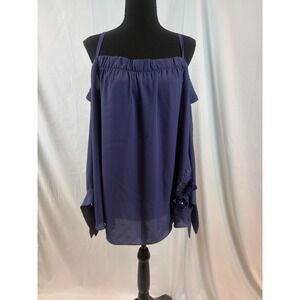 Navy Blue Cold Shoulder Bell Sleeve Blouse Floral Embroidered Tie Cuff‎